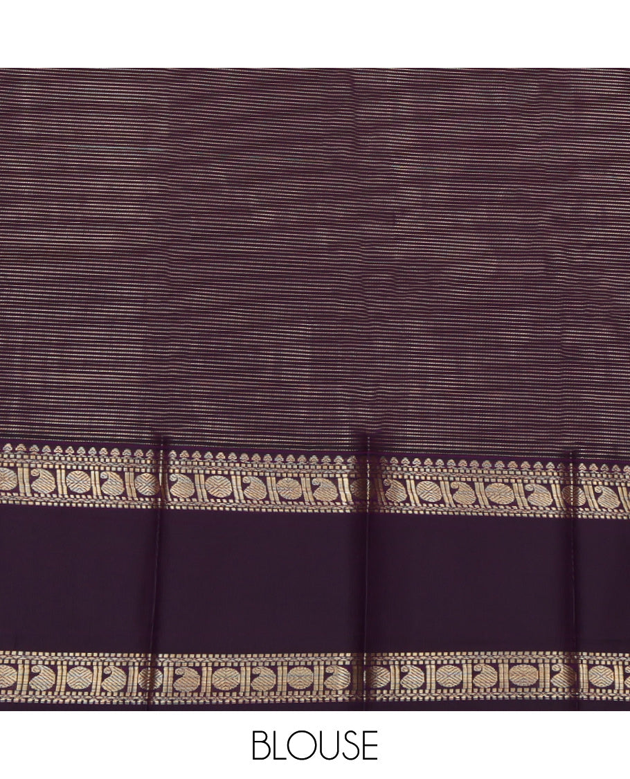 Red Budget Silk Saree, Steeped in Richness of Peacock-Chakram Buttas and Stripes, a Contrast Traditional Zari Rettai Pettu Border, Grand Pallu, and a Contrast Blouse