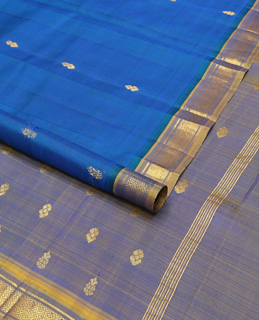 Blue floral buttas kancheepuram silk saree with contrast border of zari design & floral design pallu