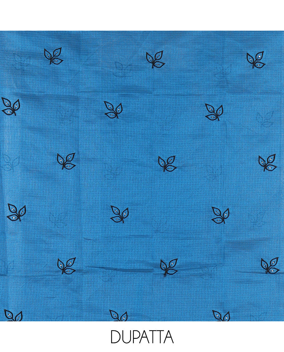 Blue material chudidar set, leaf-floral motifs thread and sequins embroidered kota cotton top, a matching bottom, and a leaf motifs thread and sequins embroidered dupatta