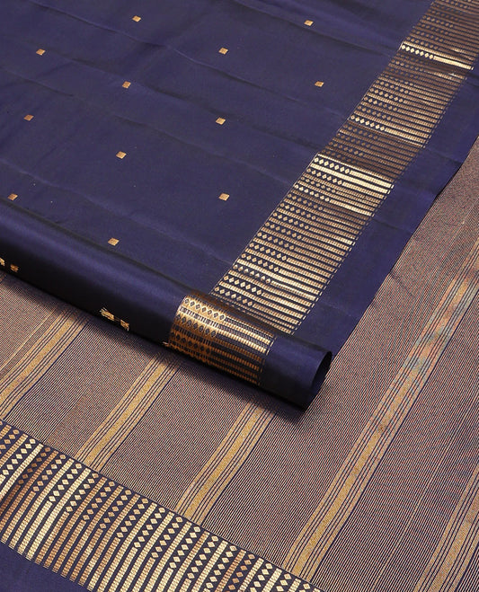 Dark blue square buttas vasundhara elite silk saree with self striped border & pallu of stripes