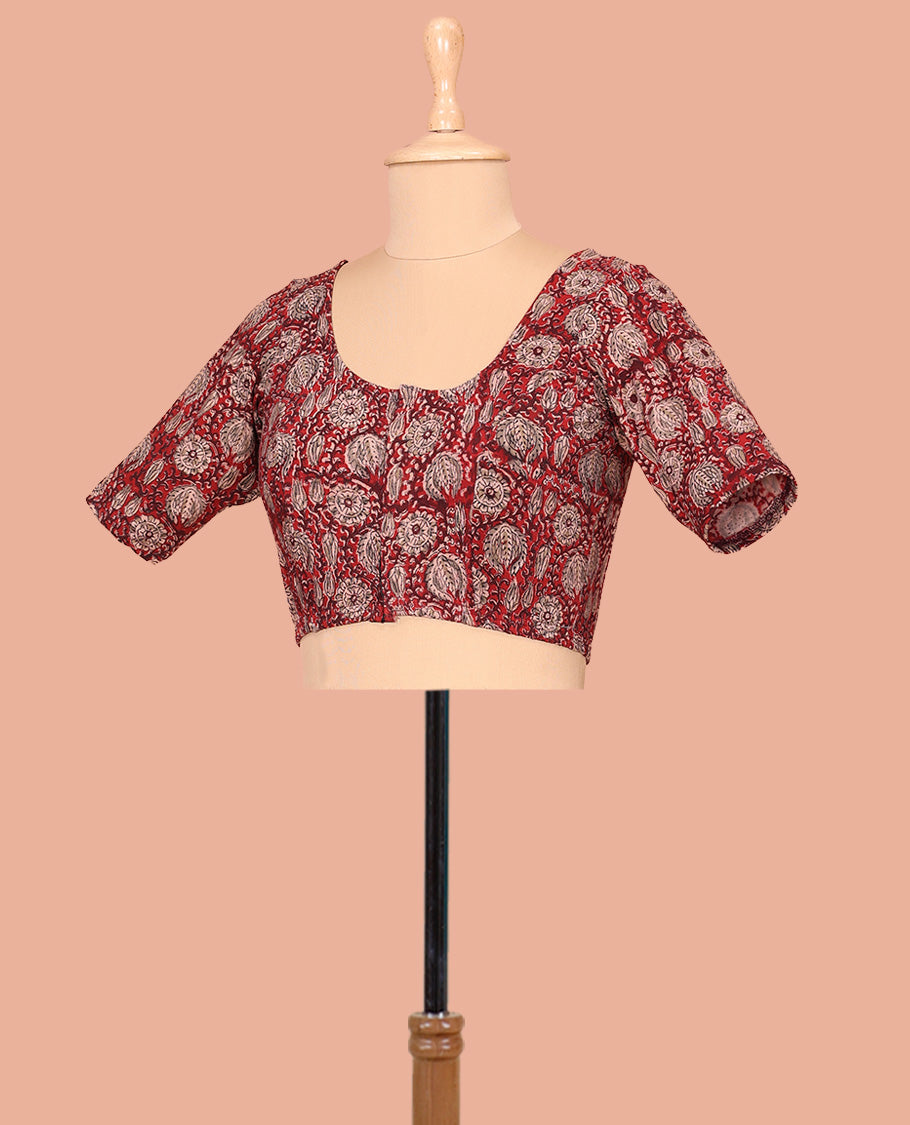 Red Cotton Readymade Blouse Meticulously Crafted with All-Over Floral Vine Print, Front Round-Neck, Back Round Neck, and Elbow Sleeves