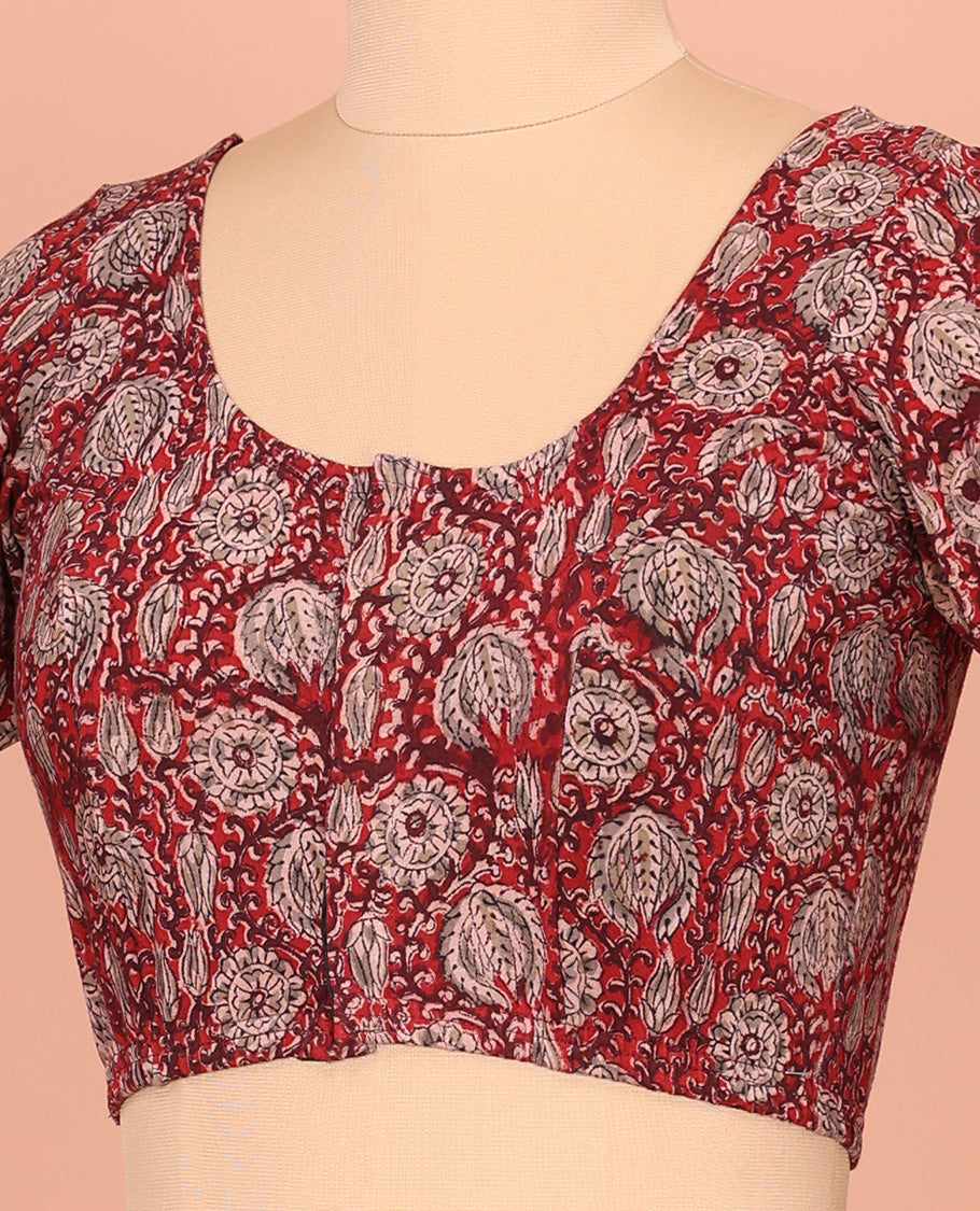 Red Cotton Readymade Blouse Meticulously Crafted with All-Over Floral Vine Print, Front Round-Neck, Back Round Neck, and Elbow Sleeves