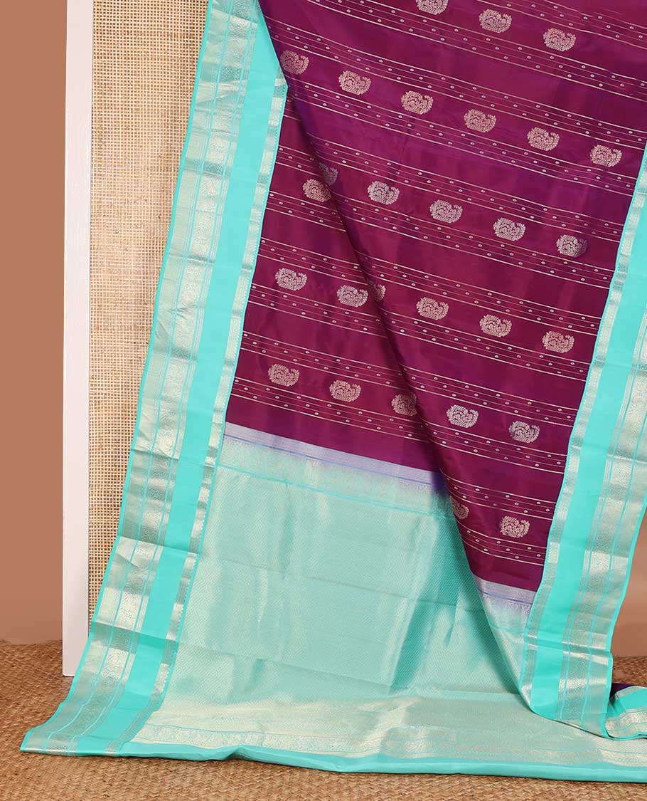Purple zari design silk saree, contrast rettai pettu traditional zari border, and intricate pallu
