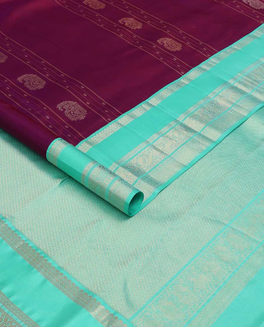 Purple zari design silk saree, contrast rettai pettu traditional zari border, and intricate pallu