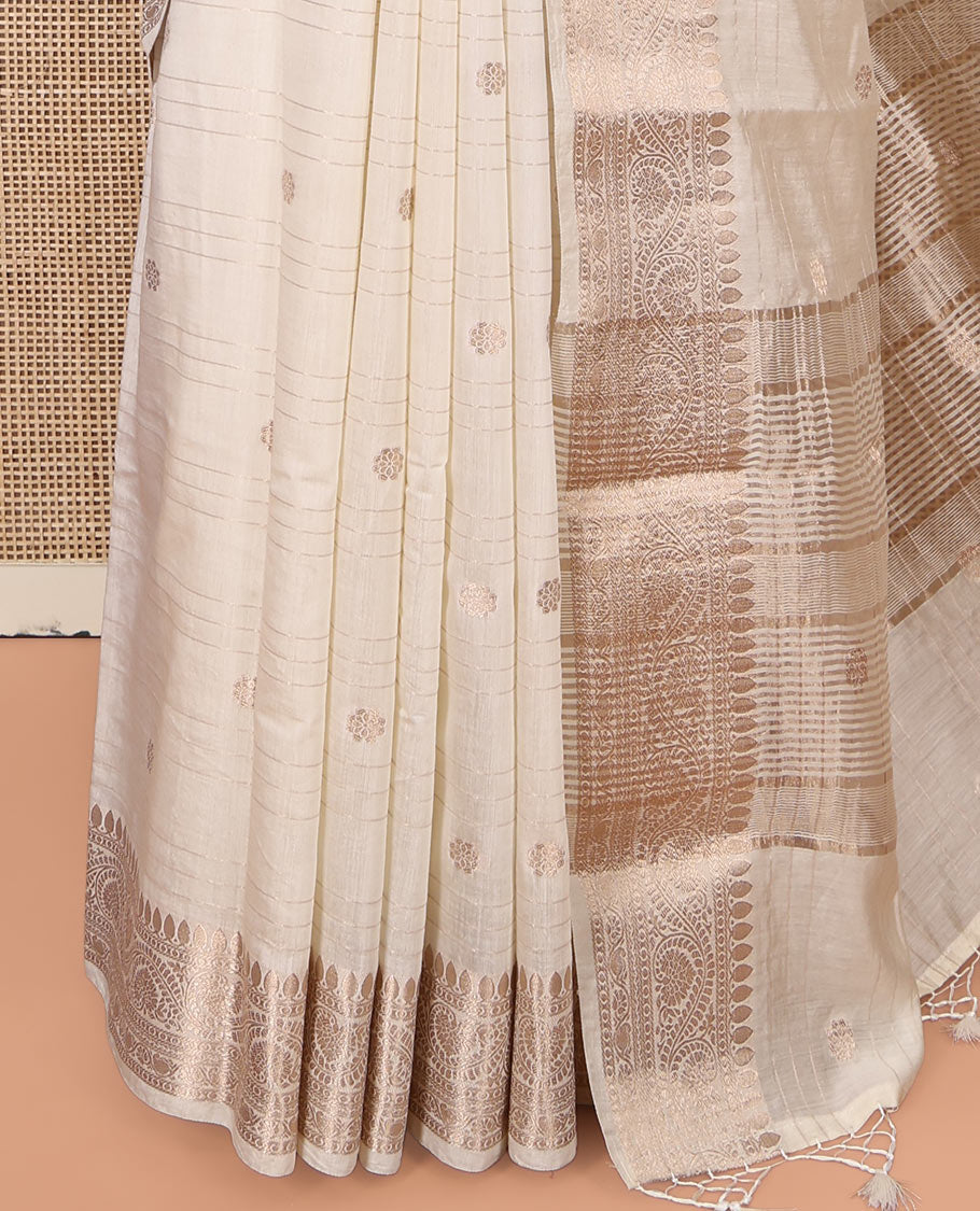 White Assam Silk Saree, Enthralled with Zari Buttas and Stripes, Highlighted by a Zari Traditional Woven Border, Zari-Striped Pallu, and a Matching Blouse