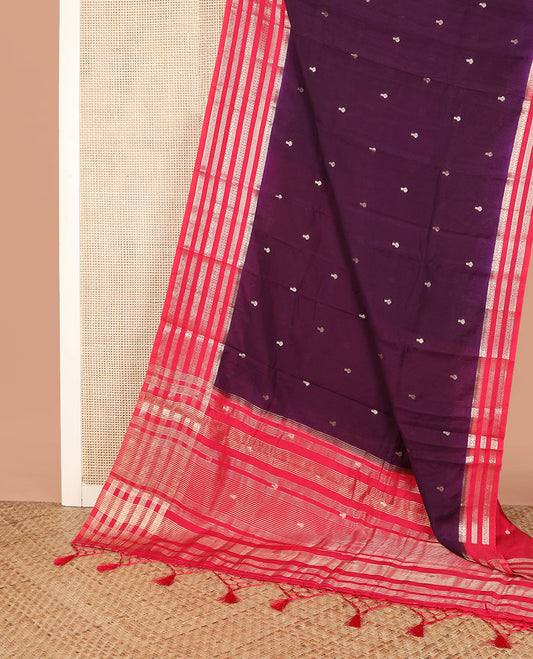 Purple zari buttas assam silk saree, contrast traditional zari border, and pallu of zari stripes