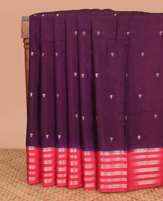 Purple zari buttas assam silk saree, contrast traditional zari border, and pallu of zari stripes