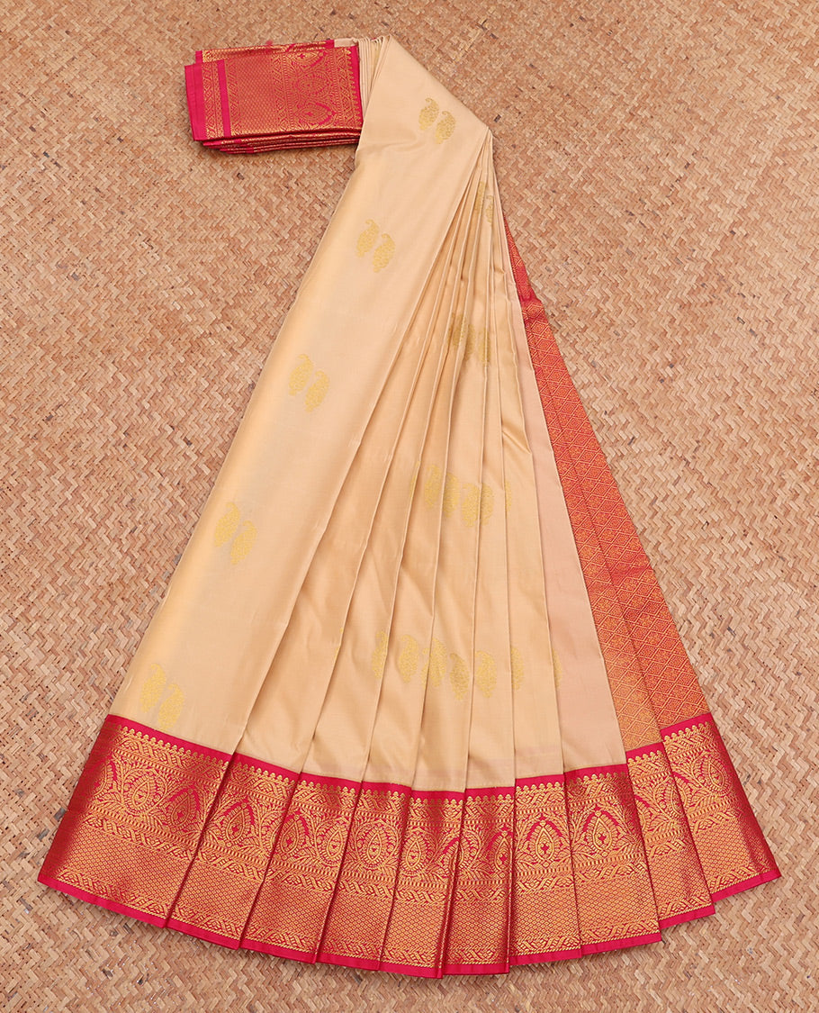 Sandal Budget Silk Saree, Sparsely Woven with Zari Buttas, Complemented by a Contrast Traditional Zari Border, Jaal Pallu, and Contrast Blouse
