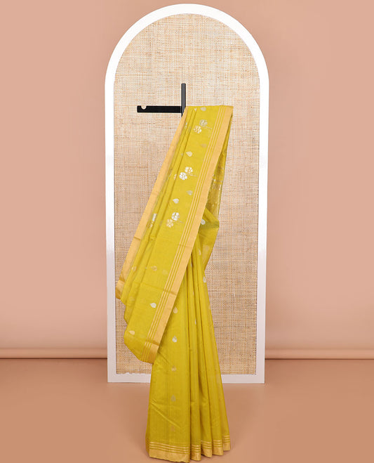 Light green floral design chanderi cotton saree with self zari border & striped pallu