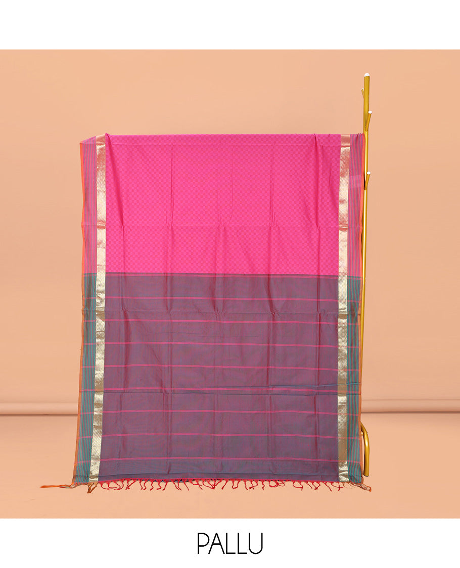 Pink Checked Poly Cotton Saree, Complemented by Contrast Traditional Zari Design Border, Pallu of Stripes, and Paired with a Contrast Blouse