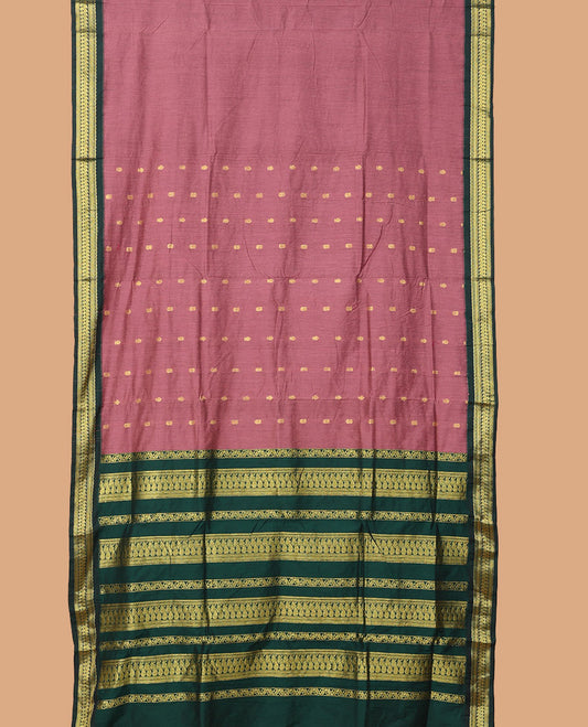 Rosewood pink buttas nine-yard cotton saree, contrast traditional zari border, and pallu steeped with traditional designs