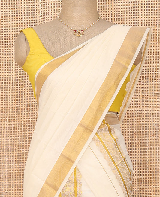 Cream plain Kerala mundu set with traditional golden zari woven border