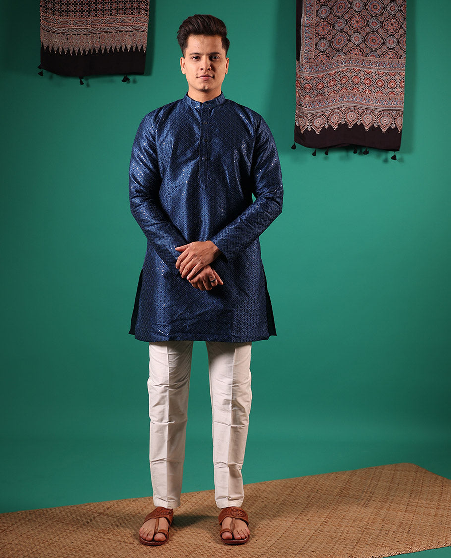 Blue sequins embroidered full-sleeved men's kurta