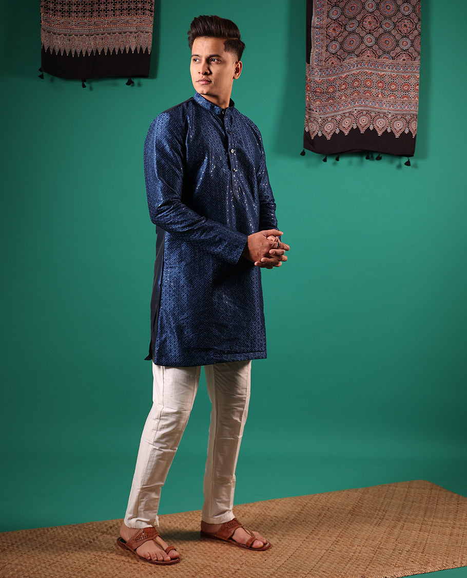 Blue sequins embroidered full-sleeved men's kurta