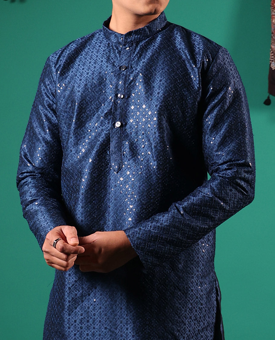 Blue sequins embroidered full-sleeved men's kurta