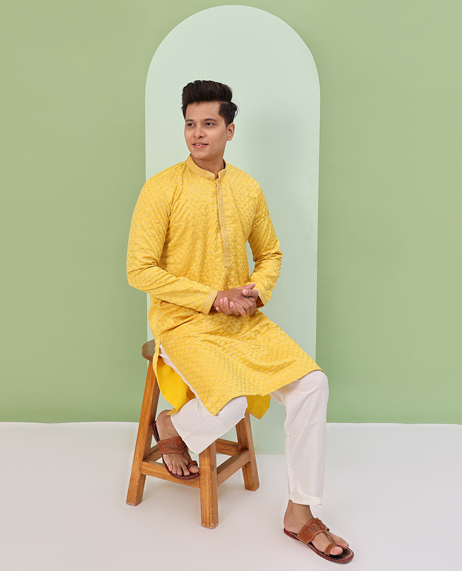 Yellow argyle design sequins embroidered full-sleeve kurta set