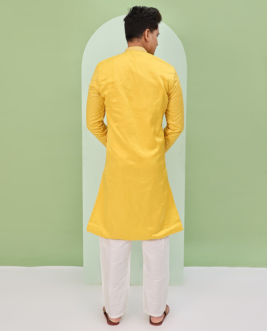 Yellow argyle design sequins embroidered full-sleeve kurta set