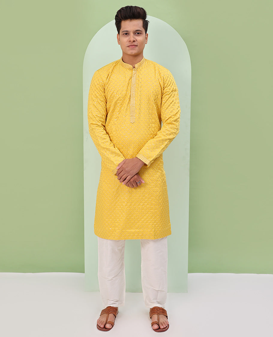 Yellow argyle design sequins embroidered full-sleeve kurta set