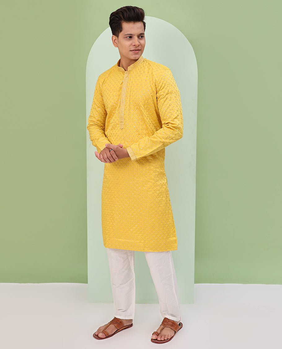 Yellow argyle design sequins embroidered full-sleeve kurta set