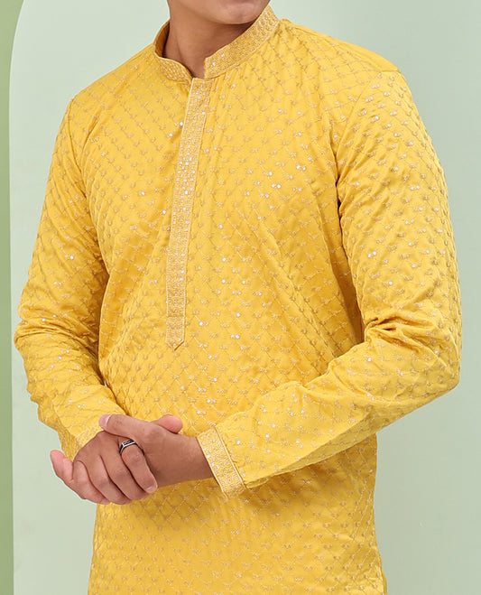 Yellow argyle design sequins embroidered full-sleeve kurta set