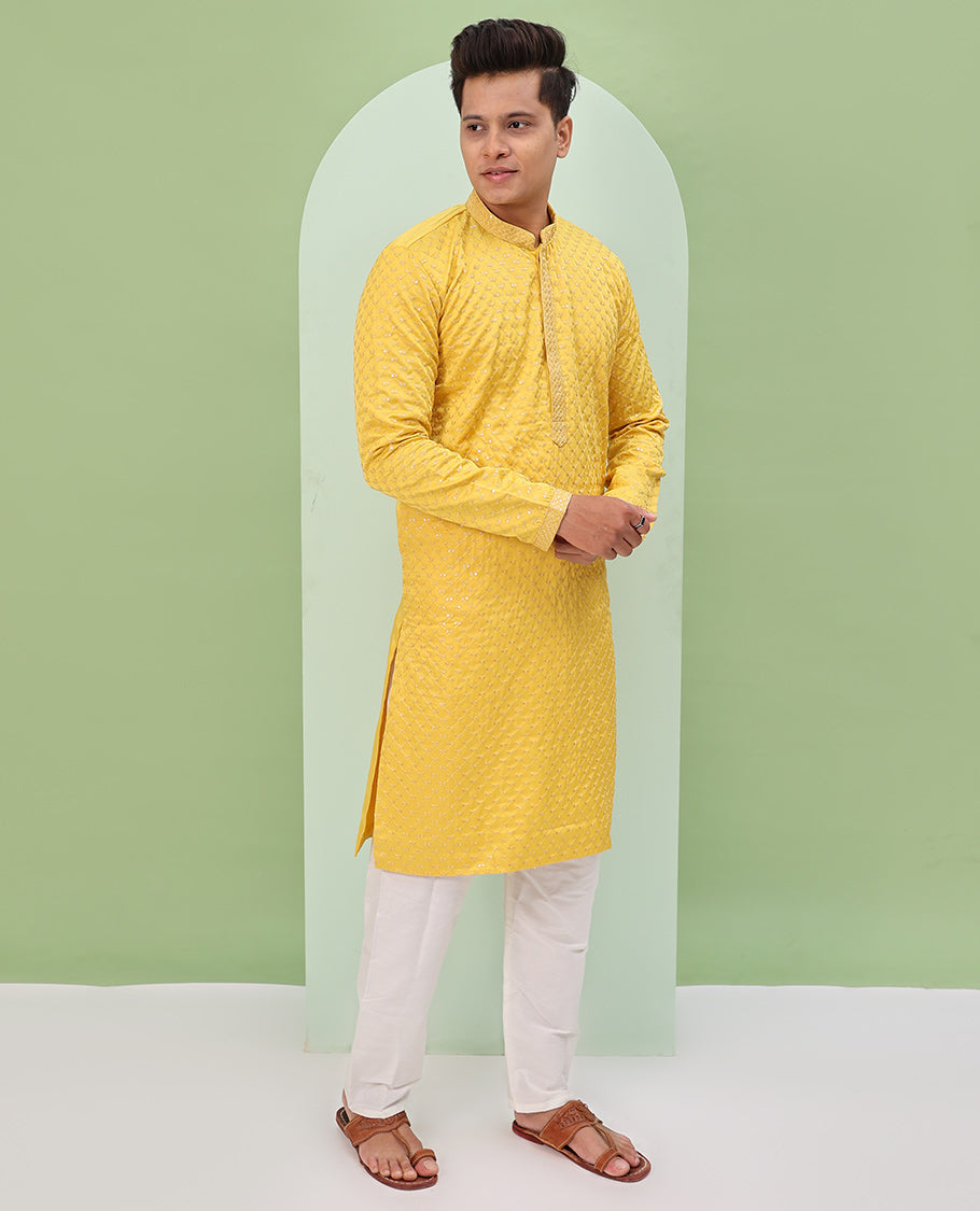 Yellow argyle design sequins embroidered full-sleeve kurta set