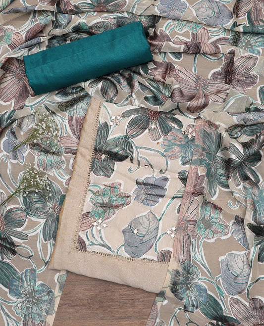 Beige and teal material chudidar set, floral print with mirror work patch neck embroidered top, contrast bottom and floral printed dupatta