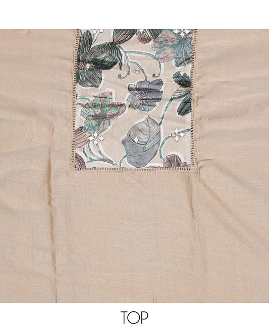Beige and teal material chudidar set, floral print with mirror work patch neck embroidered top, contrast bottom and floral printed dupatta