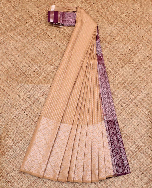 Fawn Brown Budget Silk Saree, Steeped with Zari Stripes On Its Body, Highlighted by Ogee-patterned border, Subtle Pallu and Paired with a Contrast Blouse