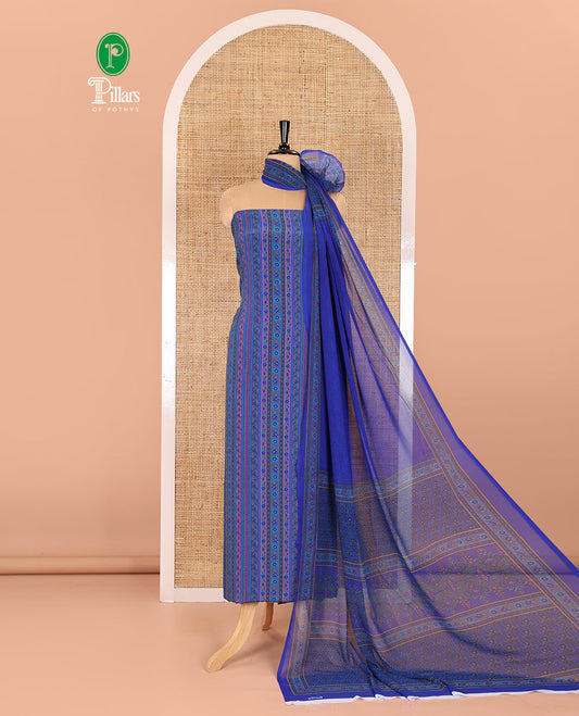 Blue material chudidar set, floral-printed Italian crepe top, a plain bottom, and a floral and ogee-patterned printed georgette dupatta