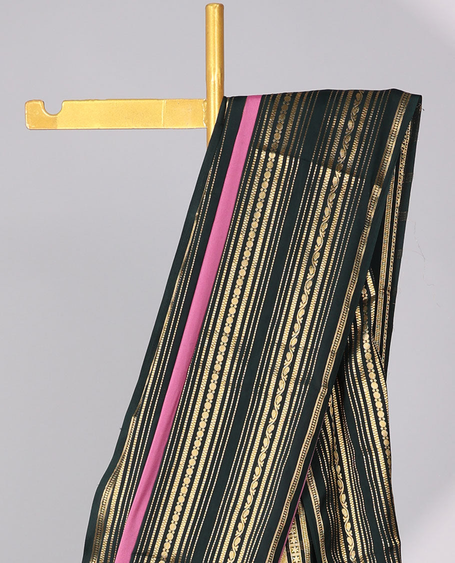 Pink mysore silk saree with contrast stripes zari design border & striped zari pallu