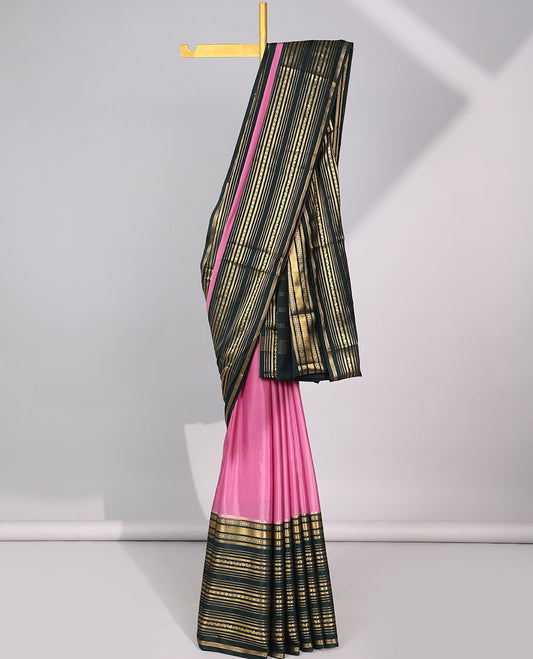 Pink mysore silk saree with contrast stripes zari design border & striped zari pallu