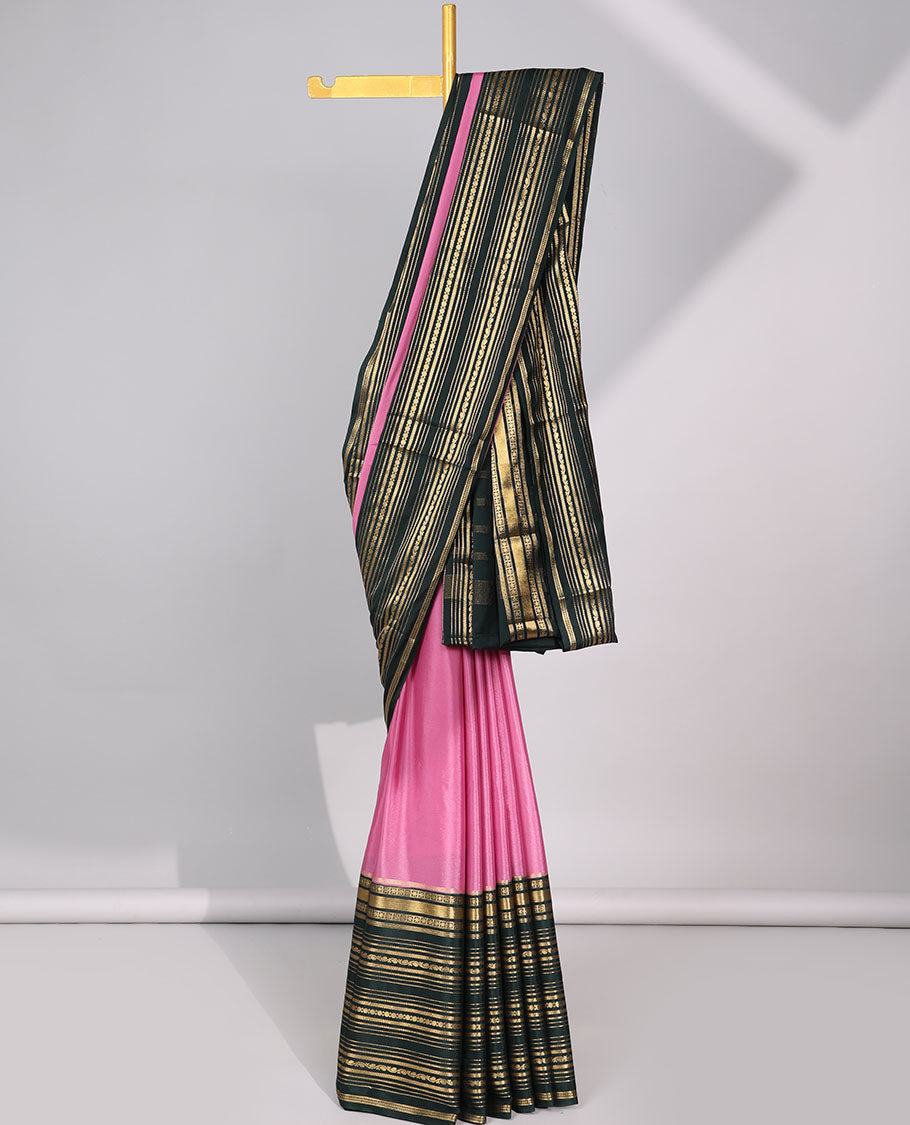 Pink mysore silk saree with contrast stripes zari design border & striped zari pallu