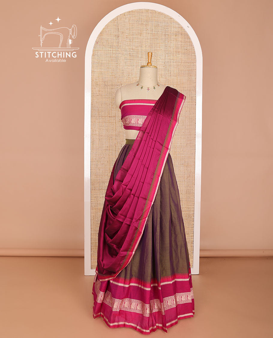 Dark Brown cotton half saree with contrast peacock design border, peacock design blouse & temple border dhavani