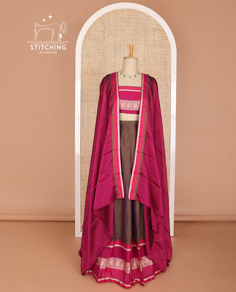 Dark Brown cotton half saree with contrast peacock design border, peacock design blouse & temple border dhavani