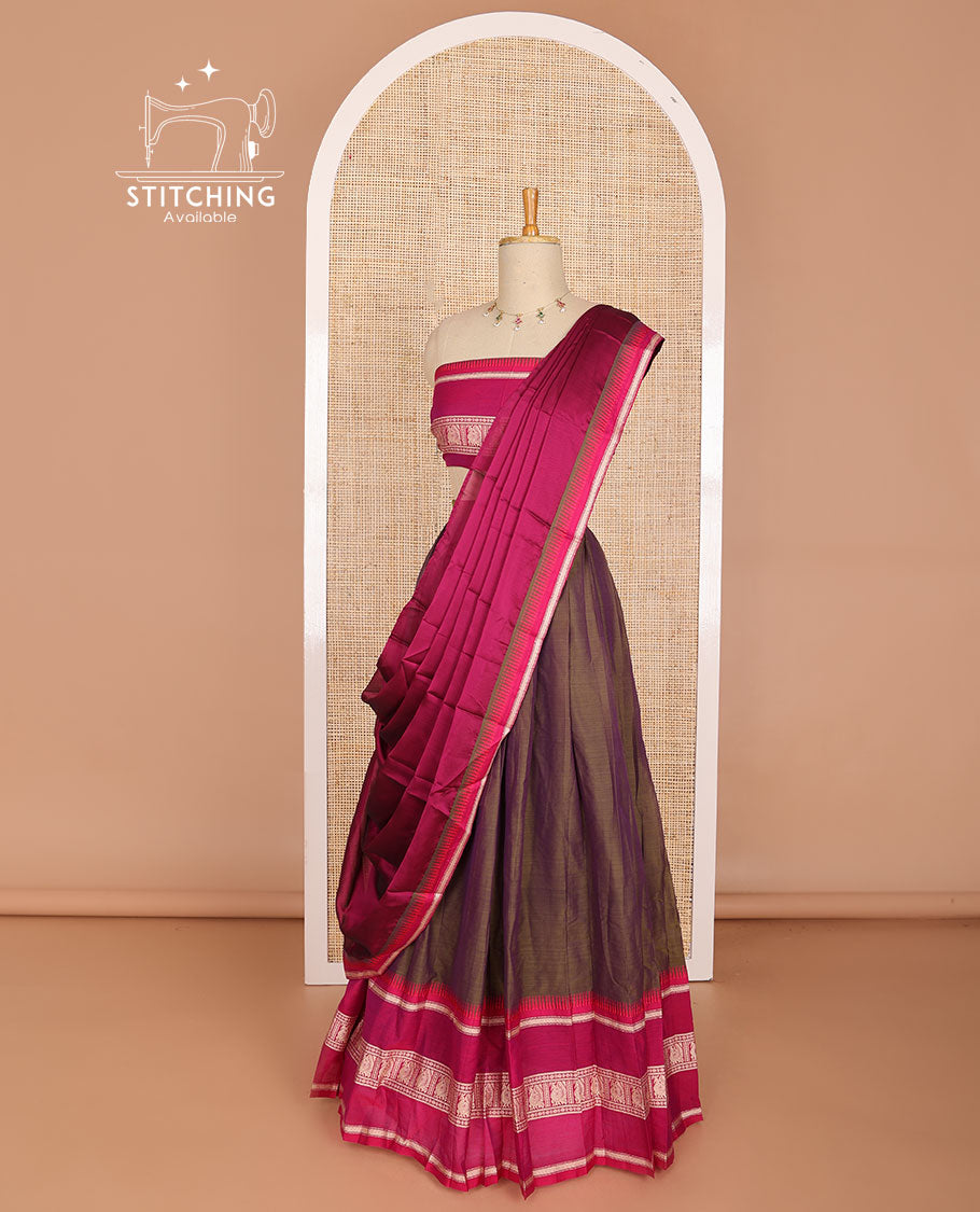 Dark Brown cotton half saree with contrast peacock design border, peacock design blouse & temple border dhavani