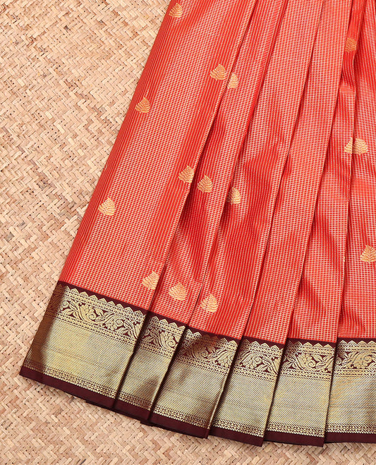 Red Budget Silk Saree, Mesmerized with Zari Buttas and Checks, Complemented by Contrast Traditional Zari Border, Geometric Pallu, and a Contrast Blouse