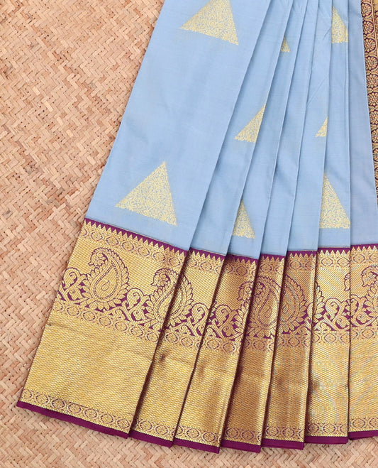Grey Budget Silk Saree, Detailed with Triangle Zari Buttas All Over Its Body, Complemented by a Contrast Traditional Zari Design Border, Grand Jaal Pallu, and Paired with a Contrast Blouse