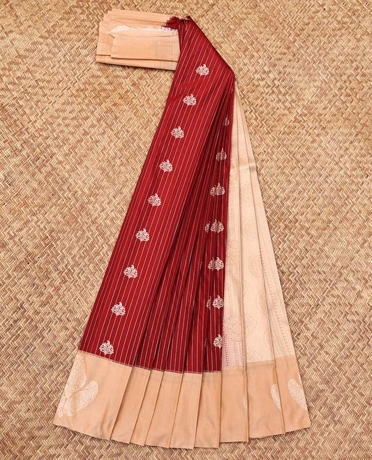 Red Budget Silk Saree, Bedecked with Zari Buttas and Stripes, Complemented by a Contrast Zari Border, Grand Pallu, and a Contrast Blouse