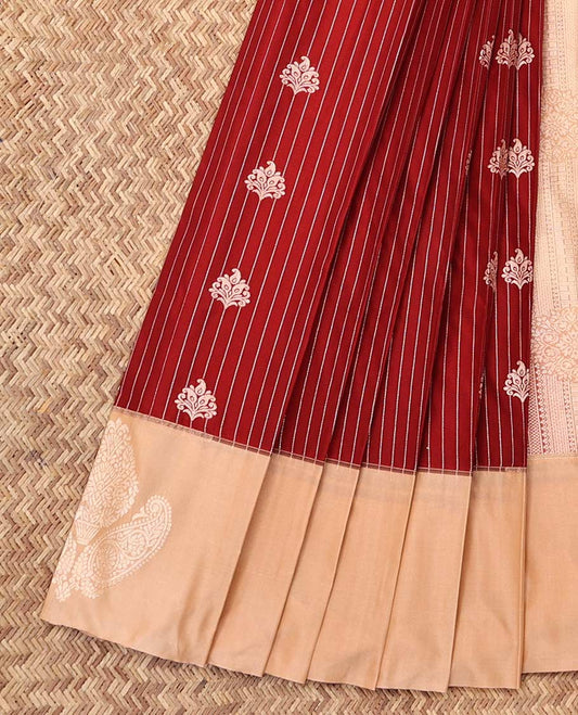 Red Budget Silk Saree, Bedecked with Zari Buttas and Stripes, Complemented by a Contrast Zari Border, Grand Pallu, and a Contrast Blouse