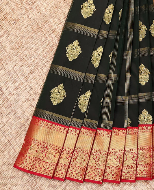 Black Budget Silk Saree, Gleamed Up with Zari Butta Enclosed Checks, Contrast Traditional Zari Border, Grand Pallu, and a Contrast Blouse
