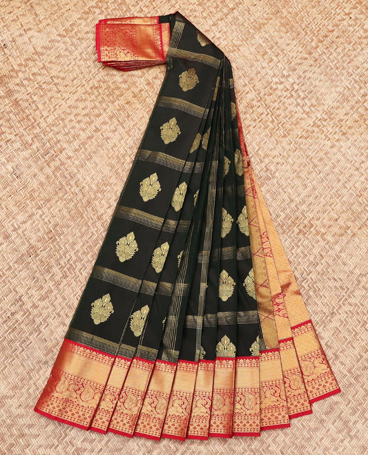 Black Budget Silk Saree, Gleamed Up with Zari Butta Enclosed Checks, Contrast Traditional Zari Border, Grand Pallu, and a Contrast Blouse