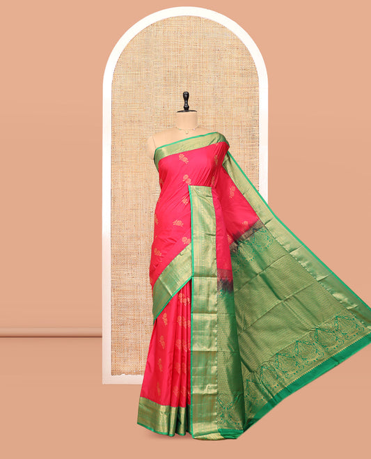 Red Budget Silk Saree, Detailed with Zari Buttas, Complemented by Contrast Traditional Zari Border, Pallu of Jaal Design, and Contrast Blouse