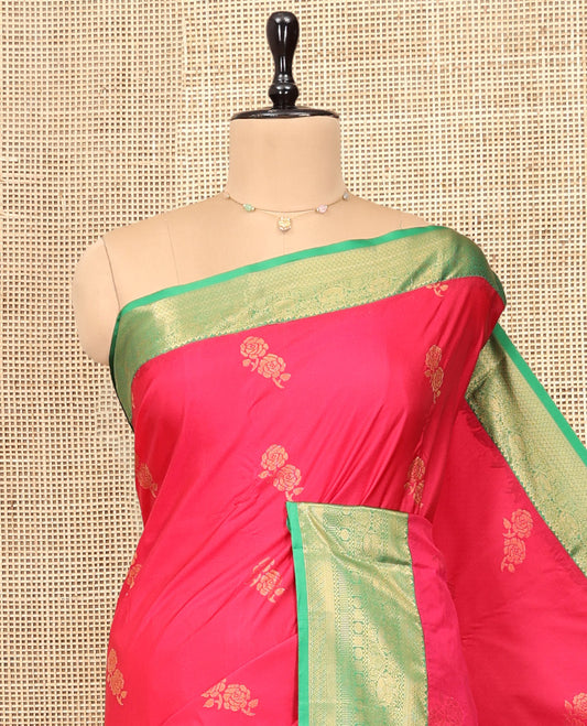 Red Budget Silk Saree, Detailed with Zari Buttas, Complemented by Contrast Traditional Zari Border, Pallu of Jaal Design, and Contrast Blouse