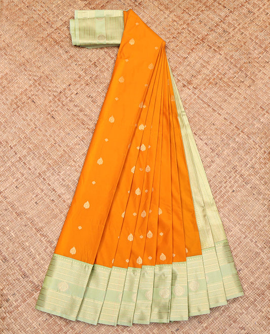 Orange Budget Silk Saree, Featuring Zari Buttas All Over Its Body, Complemented by a Contrast Traditional Zari Design Border, a Pallu Steeped with Traditional Design, and Paired with a Contrast Blouse