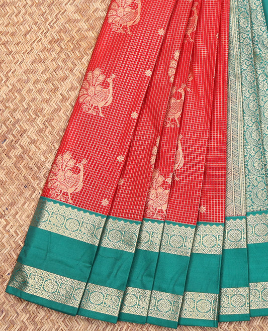 Red Budget Silk Saree, Spotlighted with Zari Buttas and Checks on Its Body, Complemented by a Contrast Traditional Zari Designs Woven Rettai Pettu Border, Grand Pallu, and Paired with a Contrast Blouse