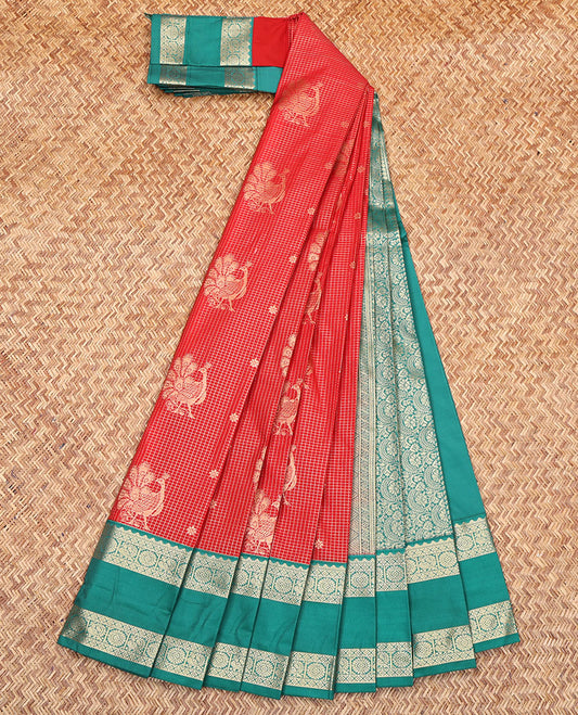 Red Budget Silk Saree, Spotlighted with Zari Buttas and Checks on Its Body, Complemented by a Contrast Traditional Zari Designs Woven Rettai Pettu Border, Grand Pallu, and Paired with a Contrast Blouse