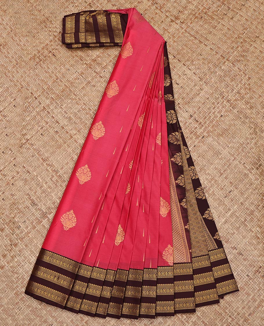 Pink Budget Silk Saree, Detailed with Zari Buttas on Its Body, Complemented by a Contrast Traditional Zari Design Border, Grand Jaal Pallu, and Paired with a Contrast Blouse