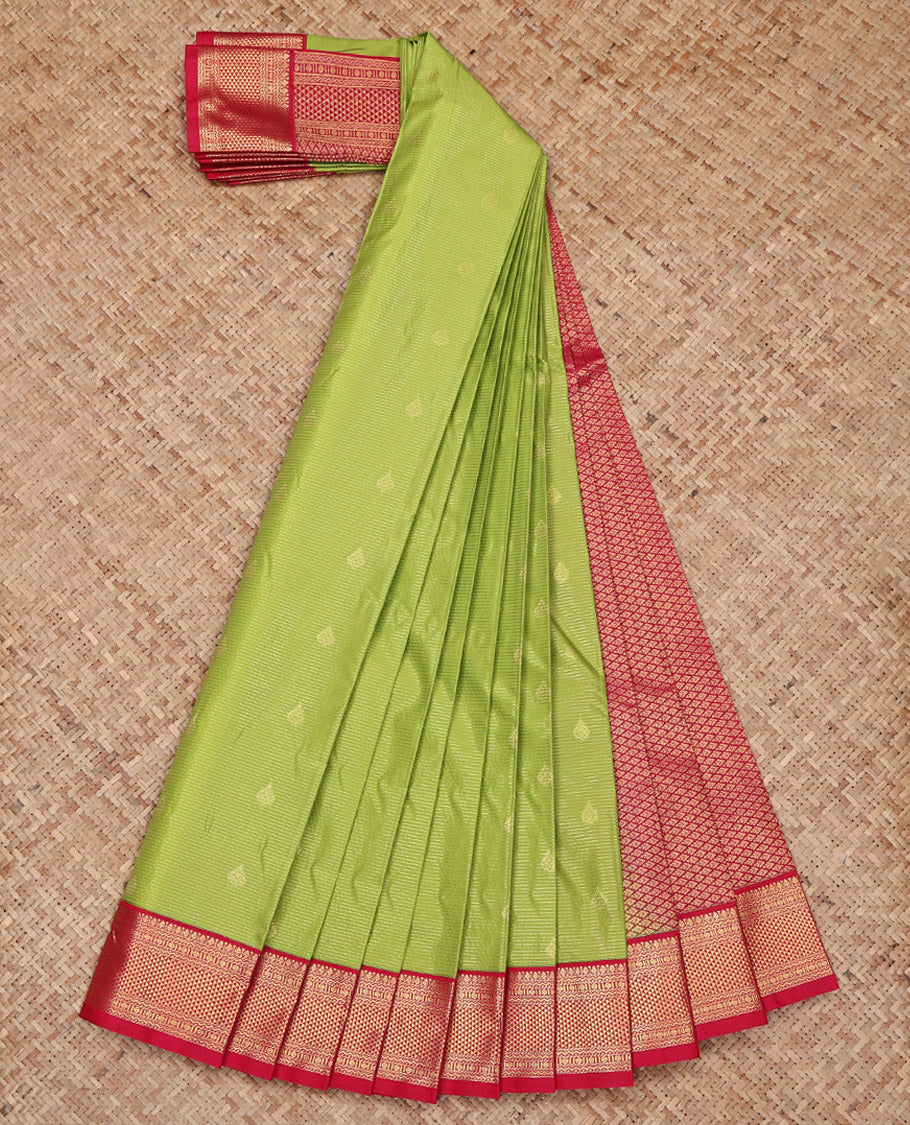 Parrot Green Budget Silk Saree, Finely Woven with Zari Buttas and Stripes on Its Body, Complemented by a Contrast Traditional Zari Design Border, Grand Jaal Pallu, and Paired with a Contrast Blouse