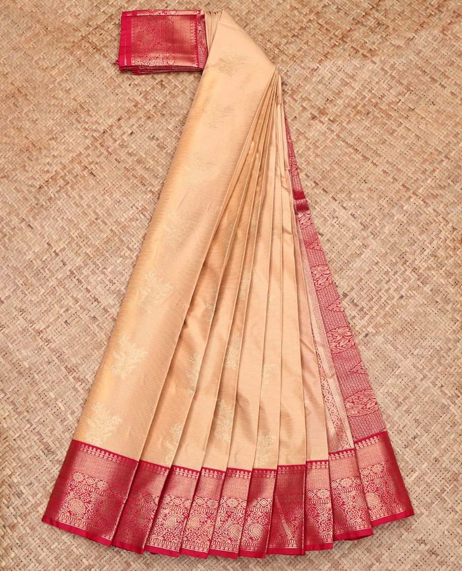 Peach Budget Silk Saree, Woven with Zari Buttas and Stripes, Captivating Contrast Traditional Zari Design Border, Grand Pallu, and a Contrast Blouse