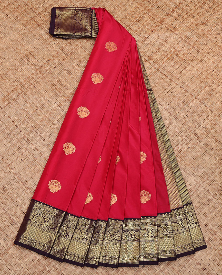 Red Budget Silk Saree, Enriched with Zari Buttas, Complemented by Contrast Traditional Zari Border, Grand Pallu and a Contrast Blouse